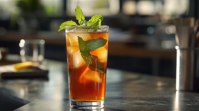 A tall, clear glass held the vibrant elixir of refreshing iced yerba mate, its deep amber color punctuated by the vibrant green of mint and the zesty lime wedge that hinted at its invigorating citrus