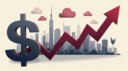A stock illustration representing Climate action in gray and maroon, with sharp contrasts and metaphors of dollar signs and rising arrows, featuring texture overlays for depth.