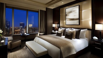 Hotel Bedroom Interior with City View at Night Relaxation Concept