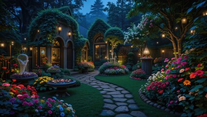 Enchanting Nighttime Garden Scene with Vibrant Flowers and Illuminated Pathway