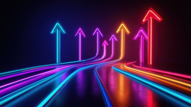 Neon Arrows Indicate Upward Progress On Winding Paths