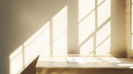 Obraz premium Minimalist workspace bathed in light white note on desk by window 