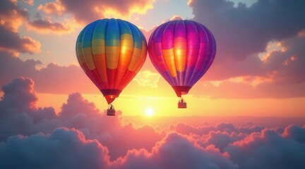 Naklejka premium Two vibrant hot air balloons ascend above a breathtaking sunset, soaring amidst a sea of fluffy clouds, a picturesque scene of serenity and adventure.