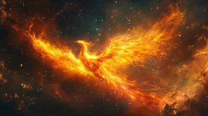 Fototapeta premium A nebula shaped like a phoenix, burning with vibrant cosmic fire