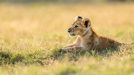 Young Lion Cub Relaxing in Sunlit Grassland Landscape