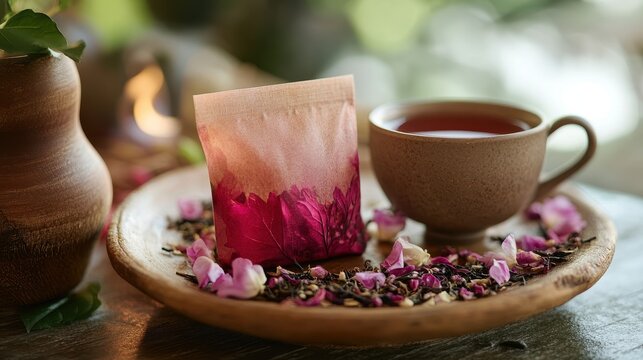 A quaint corner adorned with a vibrant hibiscus tea pouch, its delicate petals hinting at the aromatic elixir within, nestled alongside a warm cup and a scattering of fresh herbs, inviting a moment