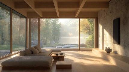 Modern Living Room Interior with Lake View and Natural Light