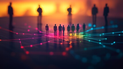 Colorful, plastic-like figures advancing towards a radiant red magnet, symbolizing business tactics for attracting clients and fostering customer loyalty