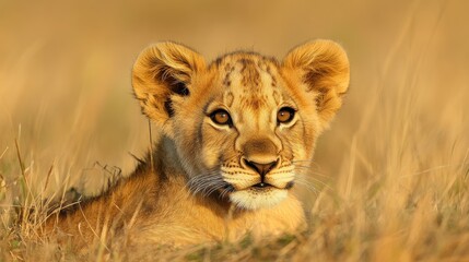 Fototapeta premium Young Lion Cub Resting in Golden Grass Under Soft Light