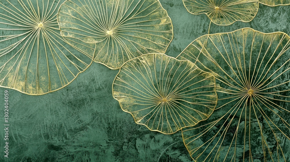 Poster intricate lotus leaf patterns in shimmering gold lines over a textured olive-green background