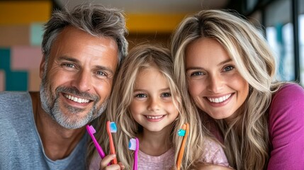 By brushing their teeth together in the bathroom, a family underscores the value of maintaining daily dental hygiene habits for all ages