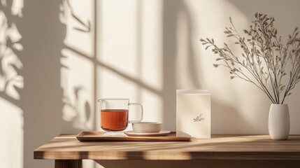 A minimalist, wooden table hosts the sleek mockup of a Rooibos tea package, featuring modern typography and a clean design, evoking a sense of tranquility and natural elegance.