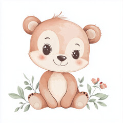 beautiful cute animal surrounded by plant elements. watercolor, pastel colors