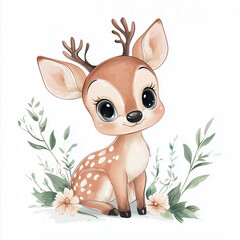 beautiful cute animal surrounded by plant elements. watercolor, pastel colors