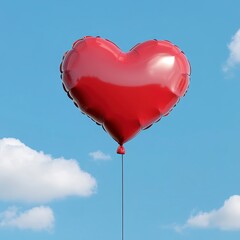 Fototapeta premium Red Heart Shaped Balloon Floating Among Blue Sky and Clouds