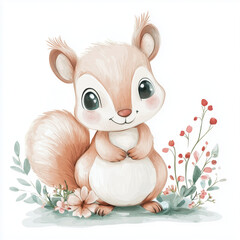 beautiful cute animal surrounded by plant elements. watercolor, pastel colors
