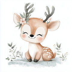 beautiful cute animal surrounded by plant elements. watercolor, pastel colors