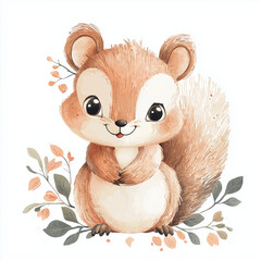 beautiful cute animal surrounded by plant elements. watercolor, pastel colors