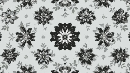 Elegant Black and White Floral Pattern Design on a Soft Gray Background with Textured Details