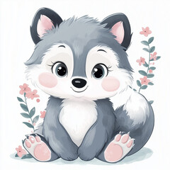 beautiful cute animal surrounded by plant elements. watercolor, pastel colors