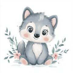 beautiful cute animal surrounded by plant elements. watercolor, pastel colors