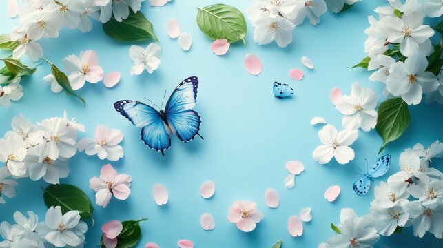 A vibrant blue butterfly graces the center of a serene light blue backdrop, showcasing delicate white patterns across its wings as it faces left. Its graceful form captivates the eye amidst a calm azu