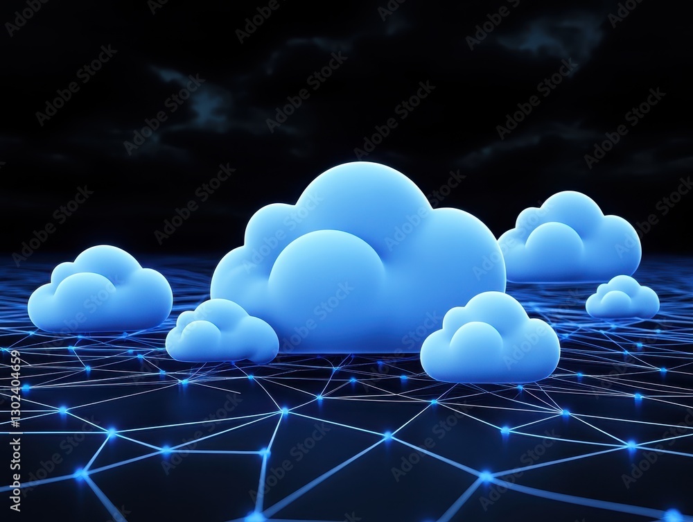 Poster digital clouds floating over a network grid with glowing connections at night