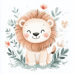 beautiful cute animal surrounded by plant elements. watercolor, pastel colors