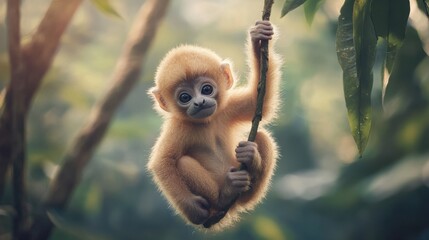 Fototapeta premium Playful Young Monkey Hanging from a Branch in Lush Green Jungle