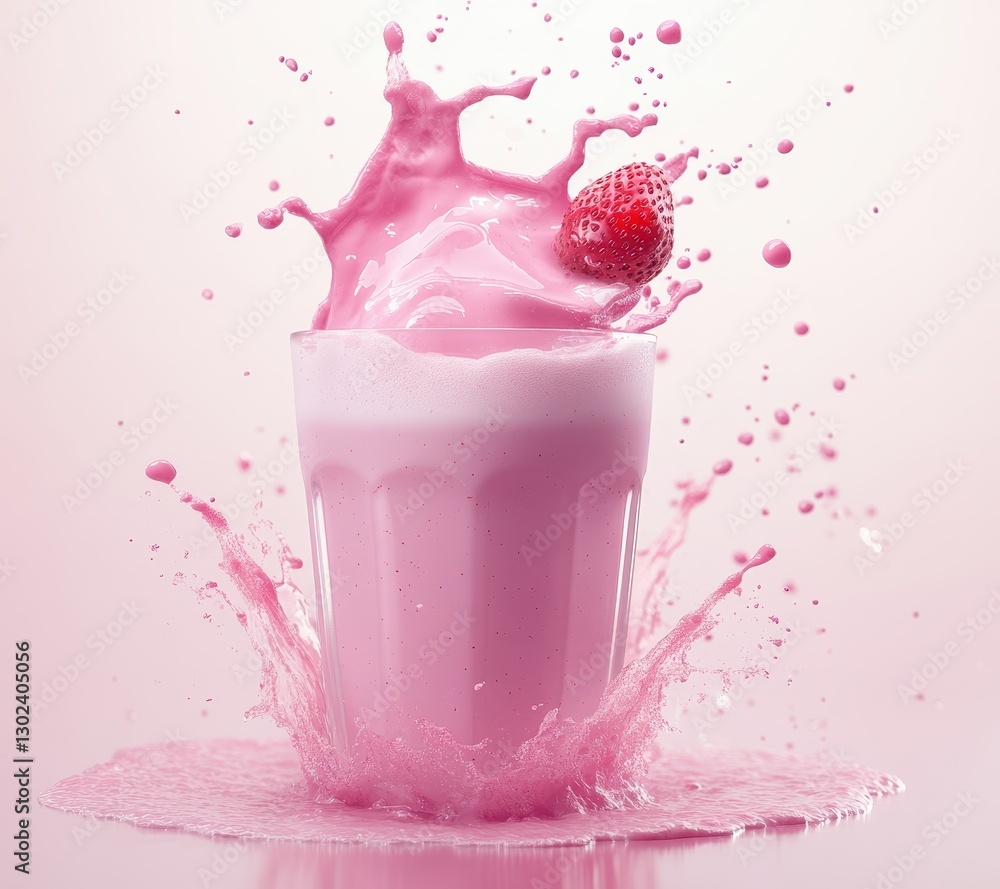 Poster fresh and creamy strawberry milkshake with splashing liquid and strawberry on top creating an eye-ca