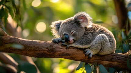 Fototapeta premium Sleeping Koala Resting Comfortably on Branch in Lush Background