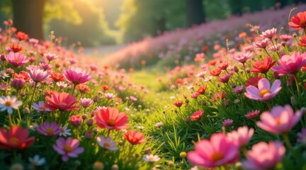 A sunlit meadow ablaze with a vibrant profusion of pink and red blossoms, creating a breathtaking spectacle of nature's artistry.