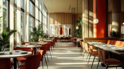 Fototapeta premium Sunlit restaurant interior with modern furniture and plants. Perfect for articles about design, dining, or travel.