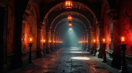 Fototapeta premium Mysterious candlelit hallway with ornate architecture and hanging lanterns casting an ethereal glow