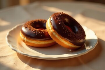 Two Delicious Chocolate Glazed Donuts on a Plate, Sprinkled with Chocolate Shavings, Illuminated by Warm Sunlight