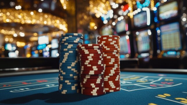 Under the glow of electric neon lights, a roulette table stands with chips piled high, highlighting the anticipation and intensity of the game
