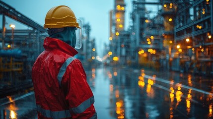 Engineer in red raincoat at refinery at night.