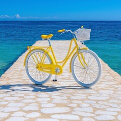 Fototapeta premium Bright Yellow Bicycle on a Path by the Turquoise Sea