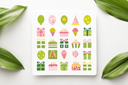 Flat lay of colorful birthday icons on white background with green leaves.
