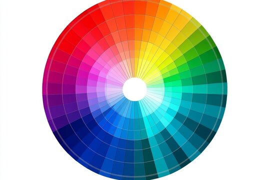 The colorful wheel chart displays primary and secondary colors, tints, shades, and tones, showing harmonious color relationships and contrast against a clean white background