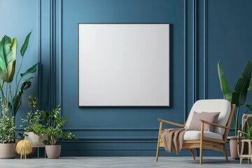 Detailed Color Image of Vertical Smart Tv Mockup Near Blue Wall in Living Room, 3D Rendering