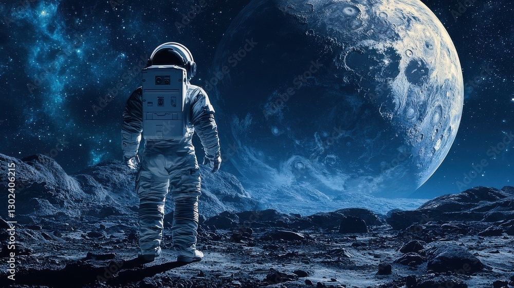 Poster a man in a spacesuit stands on a rocky surface in front of a large planet