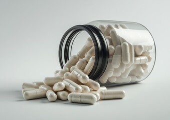 A solitary open bottle of light beige pills lies flat on a clean white surface, with empty space above, invoking themes of health, wellness, and medical care