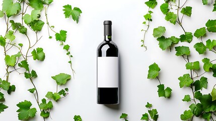 Red wine bottle with blank label surrounded by grapevine leaves on white background.