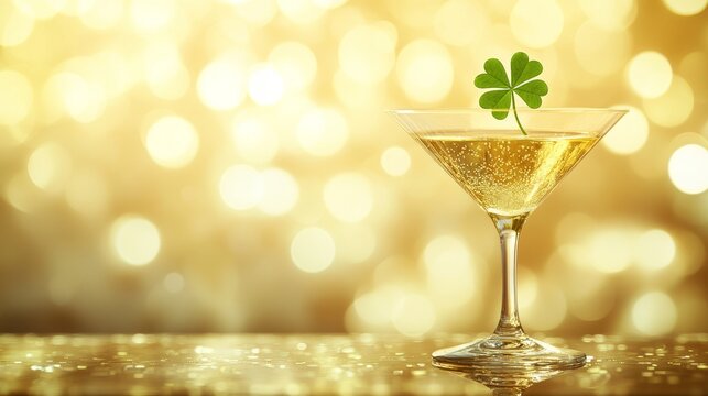 On a festive bar counter, a dazzling green cocktail with lime and shamrock garnishes is surrounded by clover decorations and golden accents, setting a joyful tone for Saint Patrick's Day