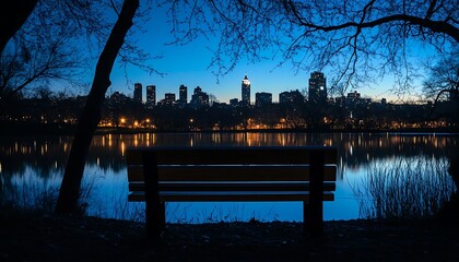 Bench View Cityscape at Dusk Reflections
