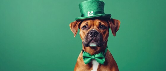 Adorable brown Boxer dog wearing green St Patricks Day hat and bow tie against a green background, celebrating Irish holiday with festive pet