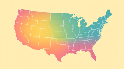 Fototapeta premium A colorful gradient map of the United States, showcasing distinct regions in a vibrant blend of colors against a soft background.