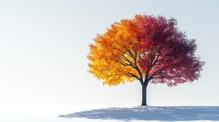 Obraz premium Autumnal tree, half orange, half red, snowy ground, white background, seasonal change concept