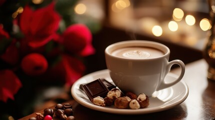 In a haven of warmth, bathed in the soft glow of lamplight, a steaming cup of coffee, accompanied by a plate laden with decadent chocolate and crunchy nuts, awaits its moment of indulgence, promising
